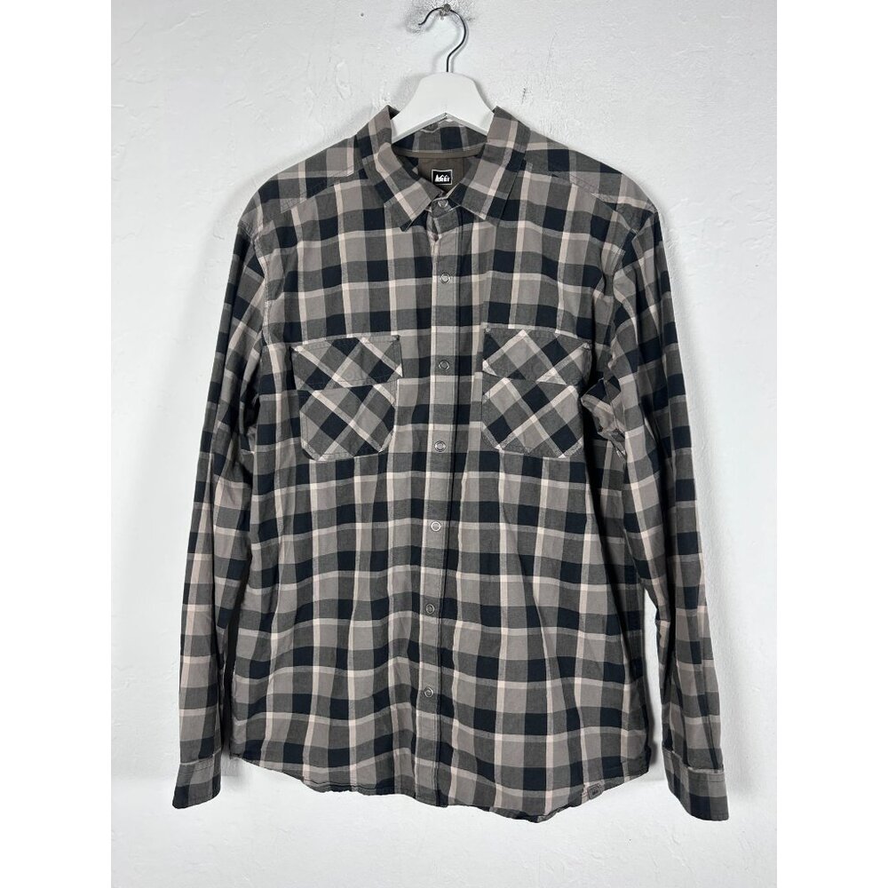 Rei Mens Gray & Black Plaid Snap Front Long-Sleeve Shirt Large Organic Cotton